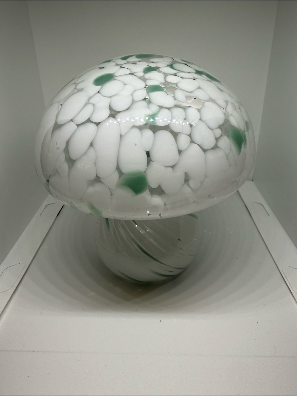 White and Green Handblown Glass Mushroom Sculpture - Home Art